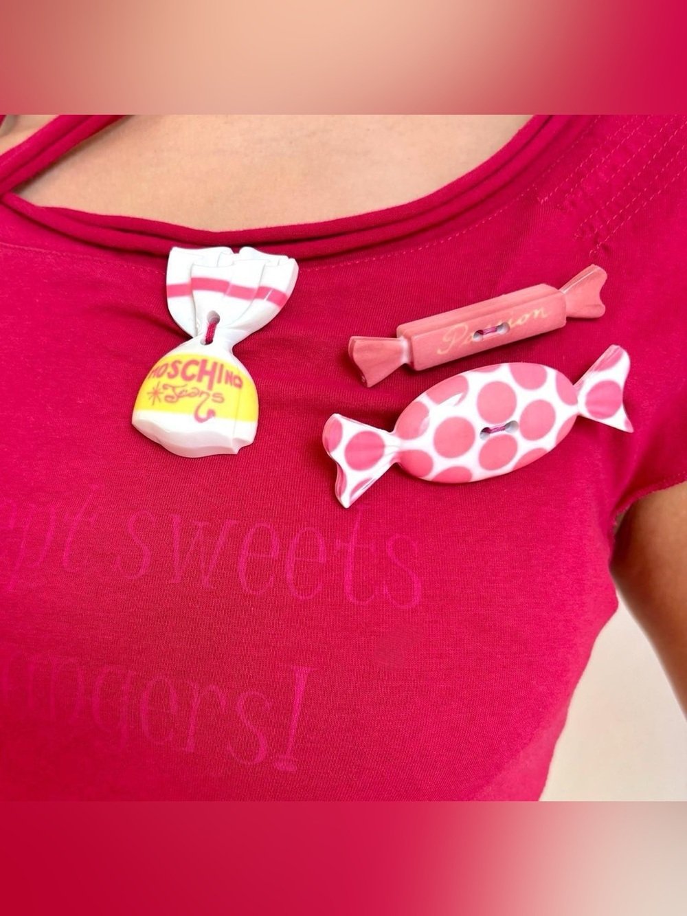 1990s Moschino “Never Accept Sweets from Strangers” Off the Shoulders Candy Top - Picture 5 of 8